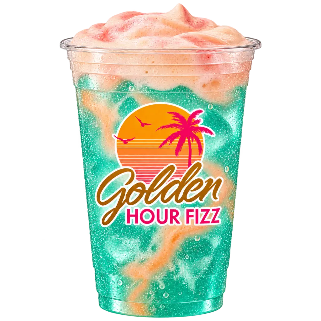 Beach Babe peach dirty soda with strawberry peach cold foam