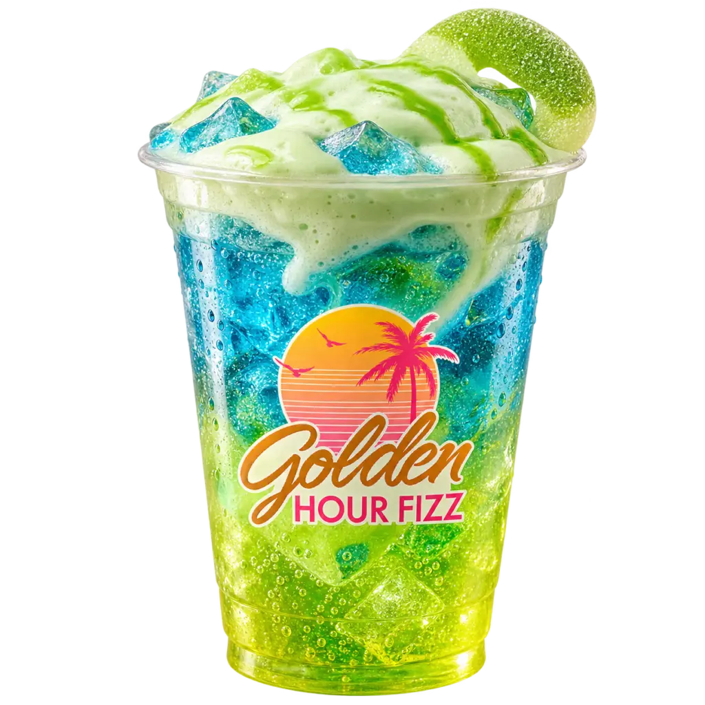 The Burbank green apple and blue raspberry dirty soda with green apple cold foam