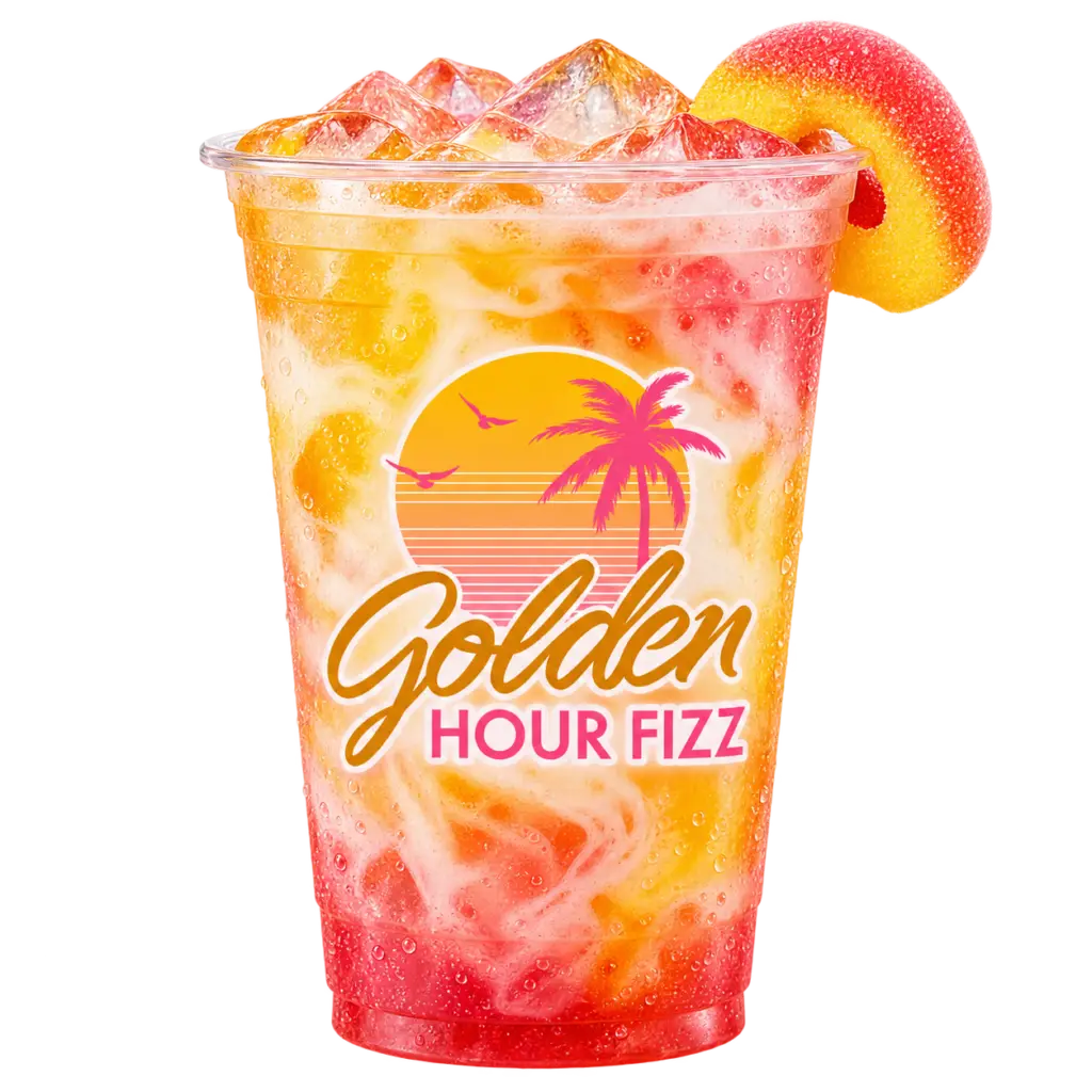 Golden Hour Fizz dirty soda with a peach ring garnish