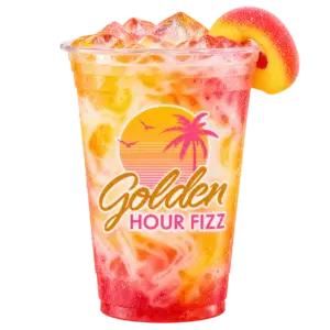 Golden Hour Fizz dirty soda with a peach ring garnish